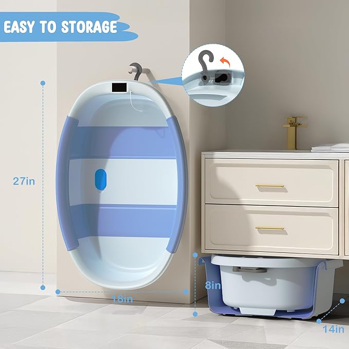 Collapsible Baby Bathtub, 3s to Install, Baby Bath Tub with Soft Cushion & Thermometer, 0-36 Months Newborn Bathtub,Portable Travel Baby Tub, Blue