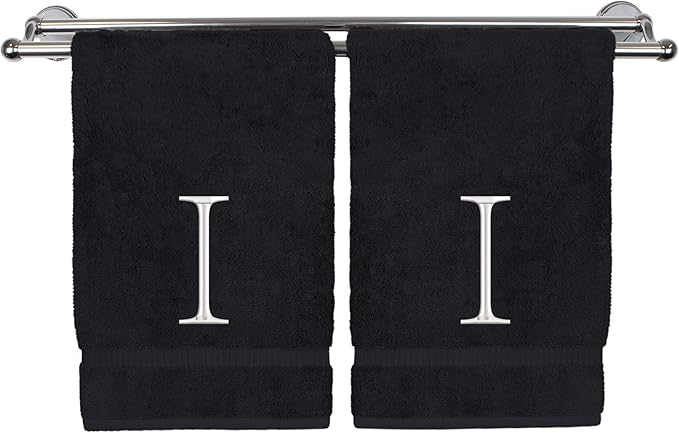 Monogrammed Hand Towel, Personalized Initial Gift, Extra Absorbent 100% Turkish Cotton - Soft Terry Finish - Set of 2 - White Block Initial I - Embroidered on Black Towels