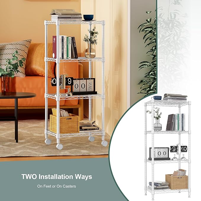 1000 lbs 4-Shelf Adjustable Heavy Duty Steel Wire Rack, Adjustable Storage Shelving Unit with Wheel for Kitchen, Garage, Laundry White 11.8" D x 17.7" W x 40.8" H