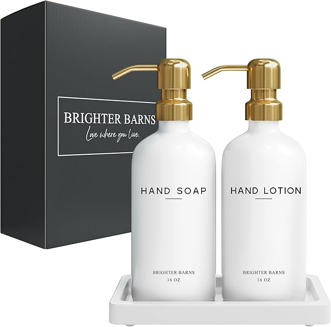 Luxury Glass Soap and Lotion Dispenser Set with Tray by Brighter Barns - Hand Soap Dispenser Bathroom Set & Stainless Steel Pump for Home or Airbnb - White and Gold Bathroom Accessories & Decor (Gold)