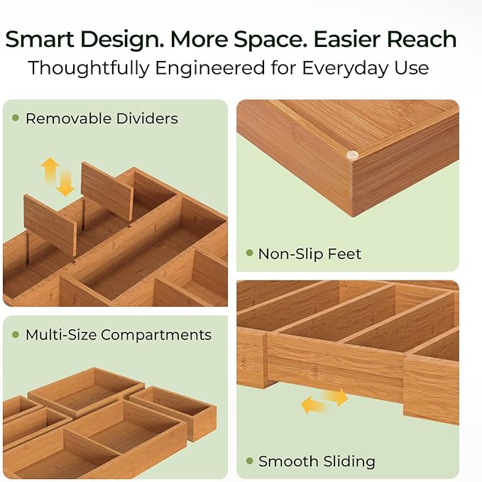 6-Piece Bamboo Drawer Organizer Set, 2.2" Deep Multi-Use Organizers for Utensils, Silverware, Cutlery, Desk, Bathroom, Junk Drawer & Makeup, Non-Slip Feet Included.