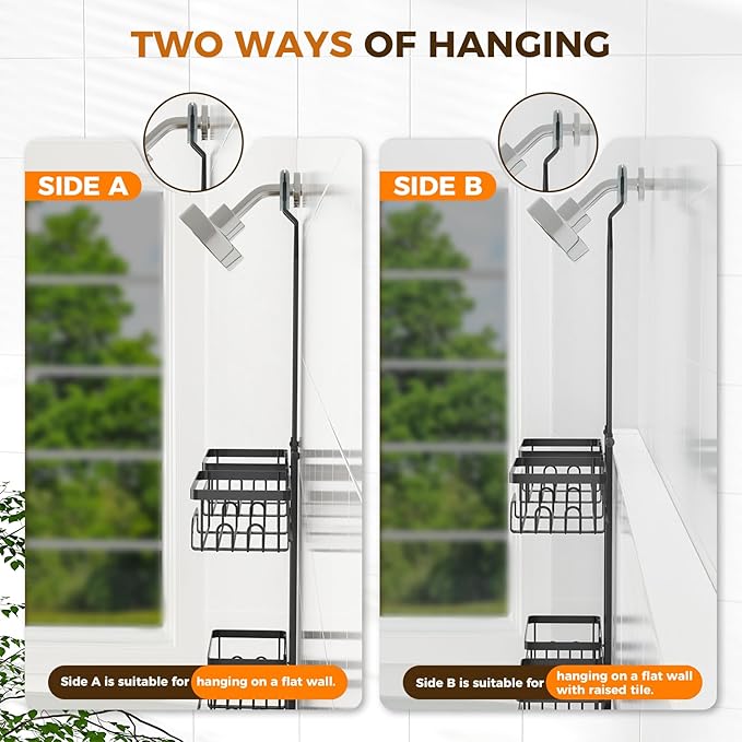 REINHARDT Shower Caddy Hanging for Handheld Showerheads Adjustable Split Shower Caddy, Rustproof Shower Organizer with Hooks for Razors Over the Head Caddy with Soap Holder Bathroom Accessories, Black