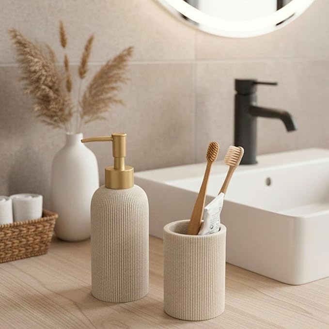 Lunestella Sand Beige Hand Soap Dispenser for Bathroom and Kitchen with Matte Gold Pump, Lotion, Dish Soap, Multiuse, Luxury Farmhouse Style, Sandstone Finish, Rust Proof, 7oz (Matte Gold)
