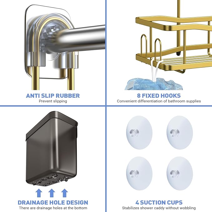 Hanging Shower Caddy Bathroom Organizer: Rustproof Shower Shelf Racks Over Shower Head - No Drilling Inside Bath Shower Rack Shelves Over Showerhead for Shampoo with Soap Holder Gold