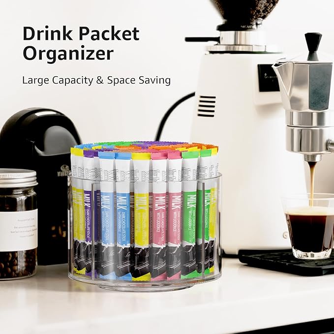 Divided Drink Packet Organizer, Rotating Turntable Organizer, Clear Lazy Susan for Powdered Drink Mix, Water Drink Packet Holder