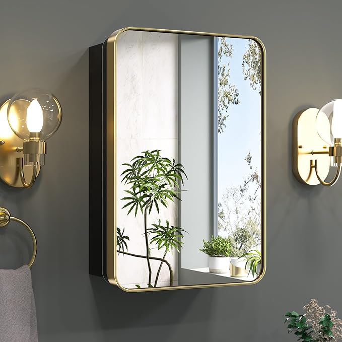 Keonjinn Gold Bathroom Medicine Cabinet with Mirror 16 x 24 Inch, Small Brushed Brass Medicine Cabinet, Stainless Steel Framed, Adjustable Shelves, Rounded Rectangular, Recessed or Surface Mount