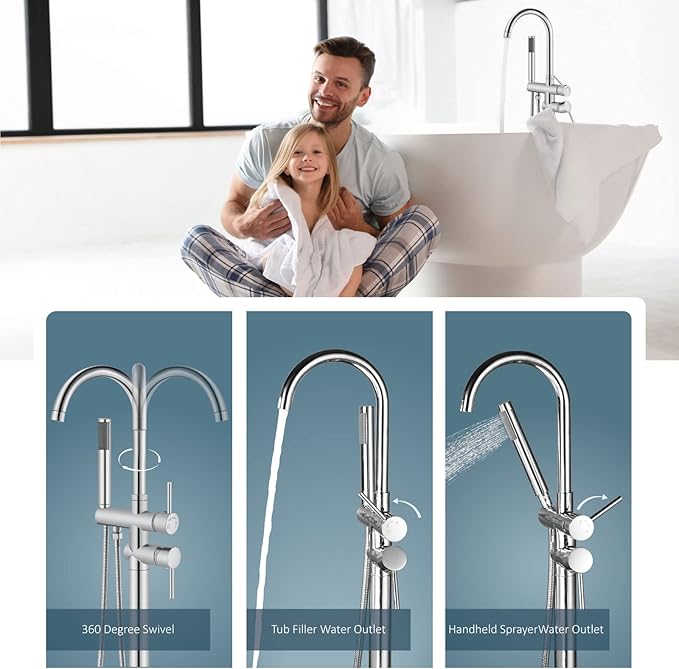 Aolemi Floor Mount Bathtub Faucet Freestanding Tub Filler Standing High Flow Shower Faucets Shower Mixer Taps, Swivel Gooseneck Spout with Cylinder Handheld Polish Chrome
