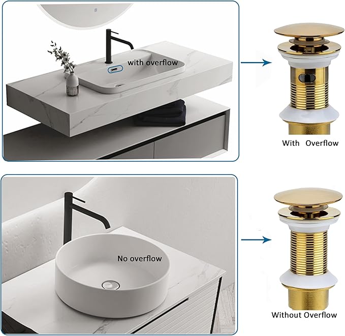 Bathroom Sink Drain, 5 Pack Gold Drain Stopper Bathroom Sink with Overflow, Pop Up Drain Assembly with Detachable Strainer Basket, Built-in Anti-Clogging Strainer,Stainless Steel