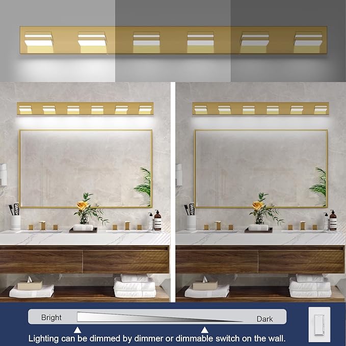 SineRise LED Modern Bathroom Vanity Light Fixtures (6-Light, 48-Inch, Dimmable), Brass Modern Acrylic Bathroom Wall Lighting Fixtures Over Mirror (Cool White 6000K)
