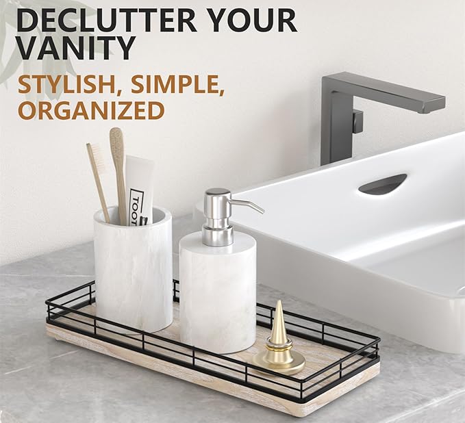 Bathroom Tray for Counter Top Organizer – Ash Wood Vanity Tray with Metal Frame for Dresser, Kitchen, Nightstand – Black & Whitewashed Decorative Storage