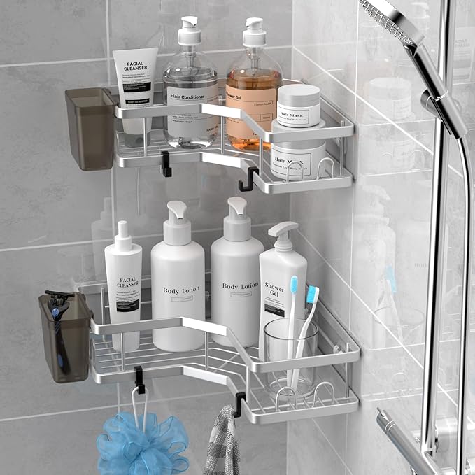 Corner Shower Caddy Shelf Rack: 2 Pack Adhesive Shower Organizer Essentials - No Drilling Stainless Steel Shower Storage Rack with Hooks and Toothpaste Holder - Bathroom Accessories