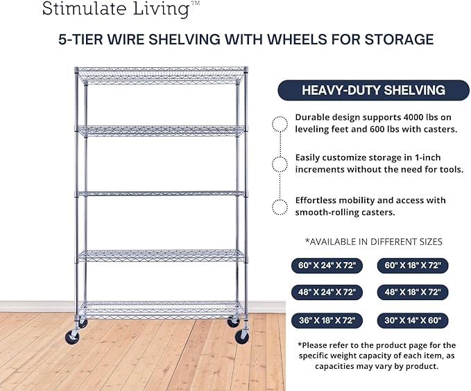 48"x18"x72" PRIME HEAVY DUTY Chrome 5-Tier Wire Shelving NSF 4000 LBS MAX Capacity Storage Rack for Commercial, School, Home, Garage, Warehouse, Industrial, and Hospital Uses (with Wheels)