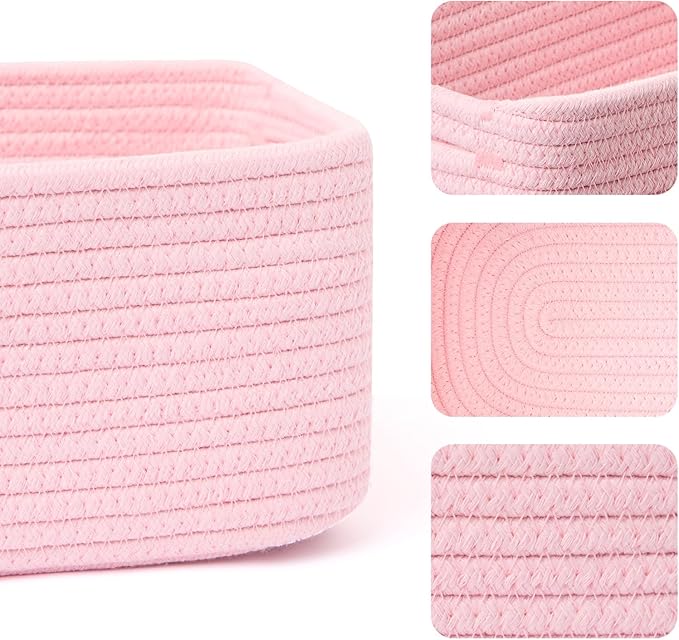 Small Storage Baskets for Organizing | Closet Organizer Bins | Shelf Toy Basket | Woven Rope Baskets | Cube Decorative Box | Shallow Basket | 13x8.5x5.1” | 3 Packs Light Pink