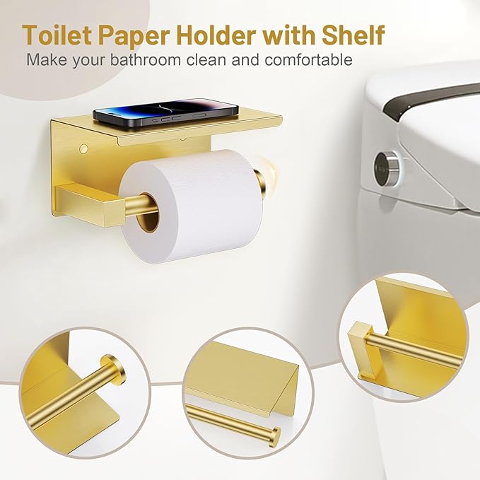 5 Pieces Brushed Gold Bathroom Hardware Set, SUS304 Stainless Steel Bathroom Accessories Set 23.6 inches Towel Bar, Toilet Paper Holder with Shelf, Towel Ring and Two Towel Hooks Wall-Mounted