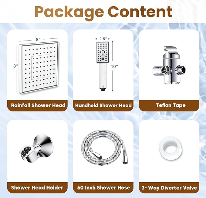 BRIGHT SHOWERS Rain Shower Head with Handheld Spray, 8 Inch High Pressure Rainfall Shower Head Combo with 60” Hose, Adjustable Dual Square Showerhead with 3-Way Diverter, Wall Bracket, Chrome