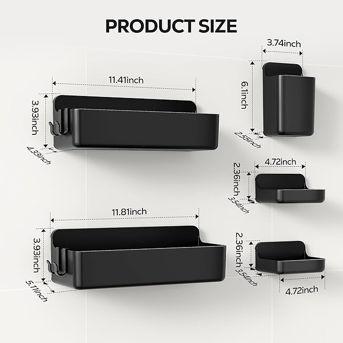 Nieifi Shower Shelves 5 Pack, Adhesive Shower Wall Shelf Organizer for Bathroom Organization, Black