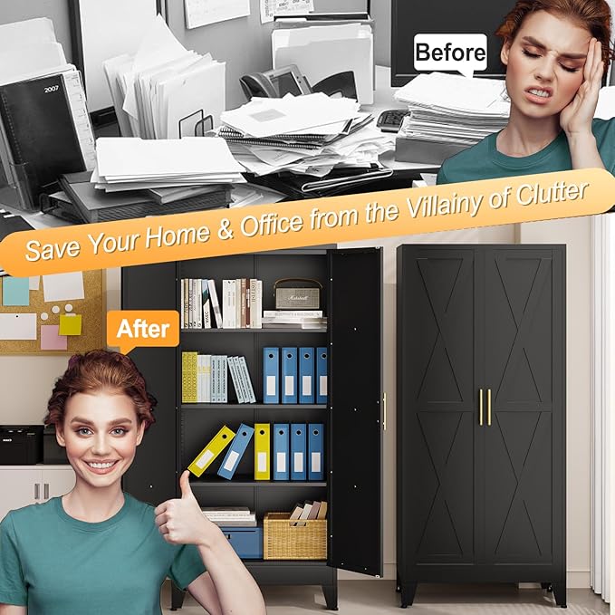 61" H Metal Kitchen Pantry Storage Cabinet, Freestanding Cupboard with 2 Doors and 3 Adjustable Shelves, Standing Storage for Kitchen, Bathroom, Garage, Dinning Room or Utility Room（Black）
