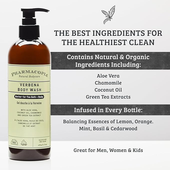 Pharmacopia Verbena Body Wash - Natural Shower Gel, Moisturizing and Nourishing Body Cleanser - Infused with Organic Aloe Vera, Coconut Oil, and Green Tea Extract - Vegan, and Cruelty-Free, 16 oz