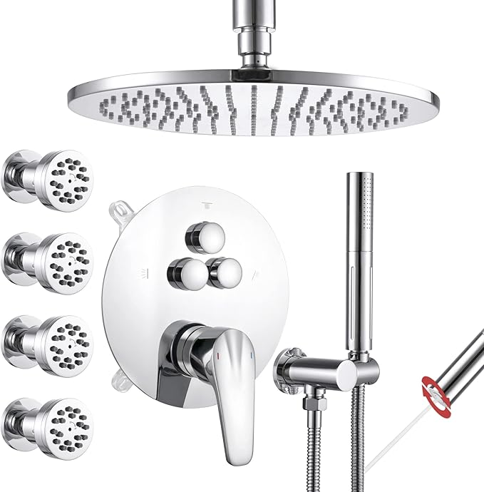 VANFOXLE Shower Faucet Set Chrome Shower System,Push Button Diverter Shower Faucet with 2 in 1 Handheld,Ceiling Mount 10 Inch Shower Head with 4 PCS Dual Modes Body Jets(2 Inch)