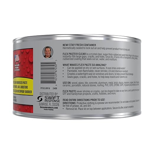 Flex Paste, Waterproof Paintable Putty, Spackle Sealant, Fill Gaps Cracks Holes - Block Out Water and Air - UV Resistant - Walls, Drywall, EPDM, Concrete, Roof, RV Repairs, Clear, Half-Quart