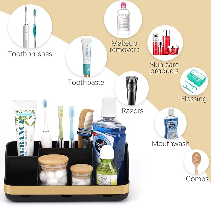 Gold Toothbrush Holders for Bathrooms Countertop Organizer - Detachable 7 Slots Electric Toothbrush and Toothpaste Holder, Kids Organization and Storage, Restroom Accessories Vanity Stuff