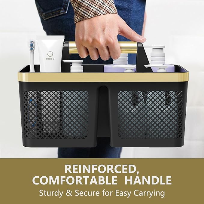 Shower Caddy Dorm Men: Plastic Bathroom Caddy Organizer with Handle and Holes, Bath Caddy for College Dorm, Portable Shower Basket Tote for Toiletry, Travel, GYM, Camp Essentials Black/Gold