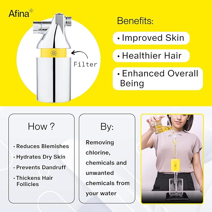 Afina Shower Filter For Hard Water - Removes 99% Chlorine, Harmful Substances & Heavy Metals - Improves your Skin & Hair (Chrome)