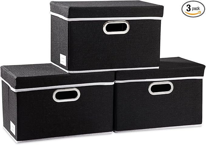 PRANDOM Foldable Storage Box with Lid [3-Pack] Fabric Collapsible Storage Bin Organizer Container Basket Cube with Cover for Home Bedroom Closet Office Nursery Black (14.9x9.8x9.8)