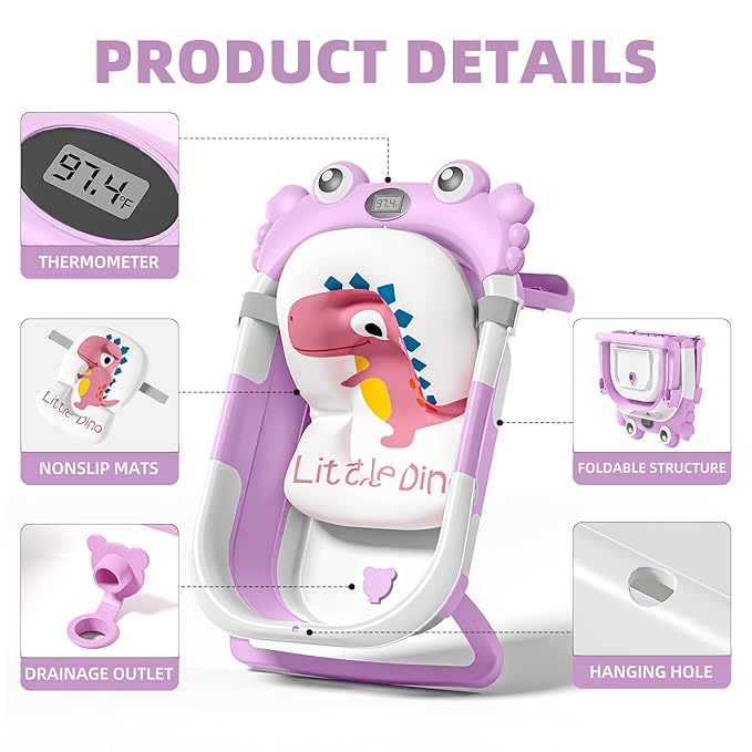 Collapsible Baby Bathtub for Infants to Toddler with Real-time Temp Monitor+Floating Cushion,Foldable Baby Bath Tub Set Applicable 0-36 Month,Portable Travel Bathtub for Newborns Girl (Purple)