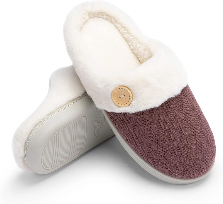 Chantomoo Womens Slipper Warm Comfy Memory Foam House Slippers Knitted Shoes Faux Fur Lined Anti-Skid Rubber Sole Bedroom Cozy Indoor Outdoor Slippers
