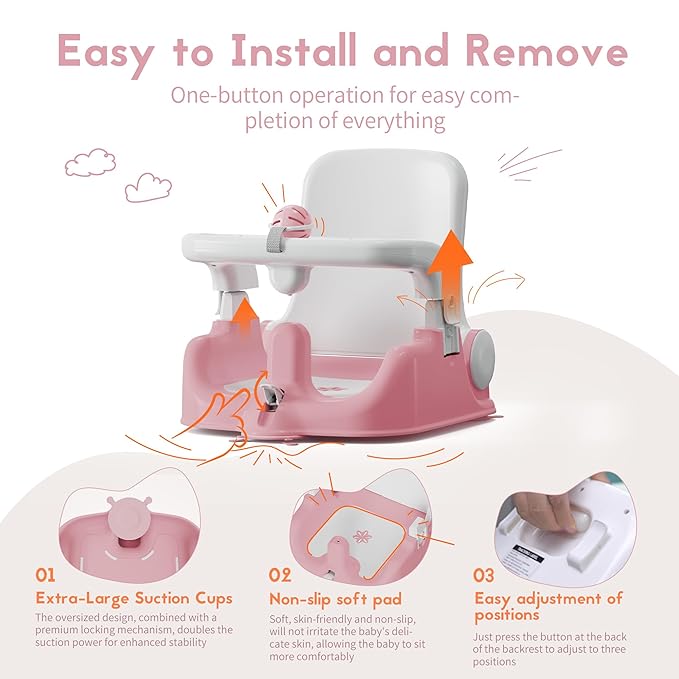 BabyBond Baby Bath Seat with Sitting & Lying 2 Modes, 3-Speed Adjustment, Powerful Suction Cups, Infant Bathtub Chair with Soft and Comfortable Towel, Folding and Hanging