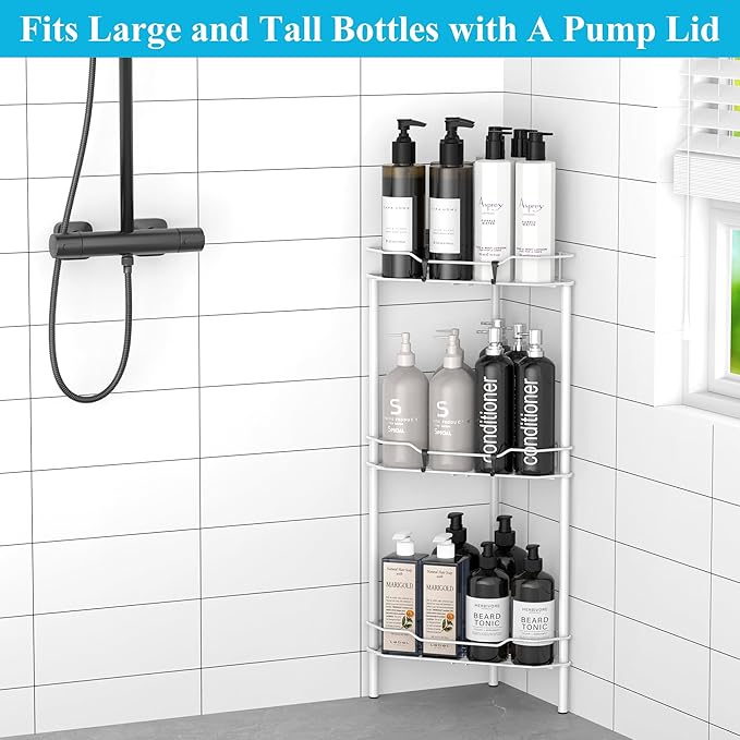 3 Tier Floor Standing Corner Shower Caddy Organizer Shelf with Hooks, Bathroom Shelves Stand Rack, White