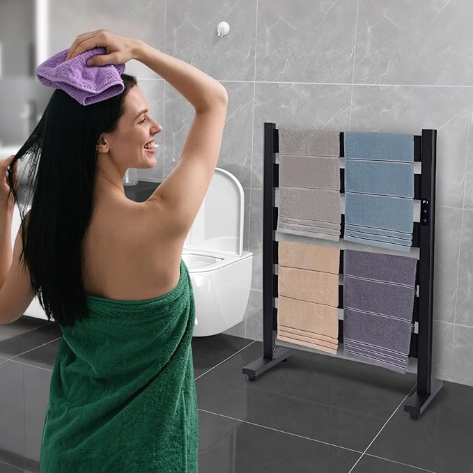 Towel Warmer Rack with 6 Widened Bars, Wall-Mounted Heated Towel Dryer with Timer, LED Display, 3 Temp Levels, Plug Overheat Protection, for Bathroom Spa Laundry (Matte Black)
