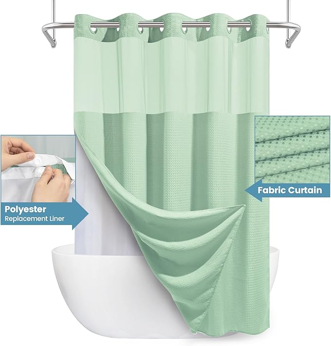 Mint Green No Hook Shower Curtain with Snap in Liner,230GSM Waffle Weave Shower Curtains for Bathroom,71W x 74H