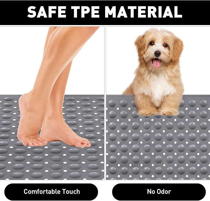 Shower Mat Non Slip: 35.4 x 23.6 Inch Extra Large TPE Shower Mats for Inside Shower - Anti Slip Shower Stall Matt with Drain Hole and Suction Cups for Elderly