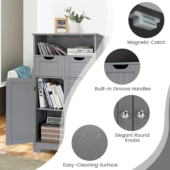 COSTWAY Bathroom Storage Cabinet, Freestanding Storage Organizer with 2 Drawers & Adjustable Shelf, Wooden Floor Cabinet for Living Room, Bedroom, Kitchen, Entryway (Gray)