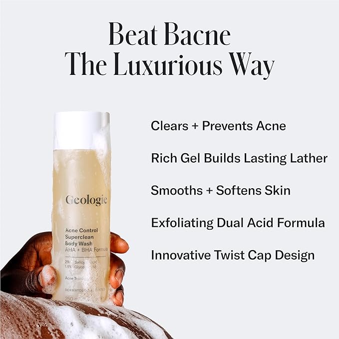 Geologie Acne Control Body Wash | Exfoliating AHA + BHA Cleanser for Men & Women | Reduces Bacne & Body Breakouts | Salicylic Acid + Glycolic Acid | 8.4 Fl Oz