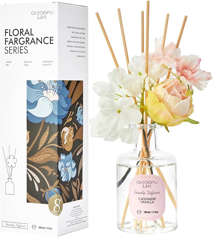 Chloefu Lan Cashmere Vanilla Reéd Diffuser Set with Flowers Reéd Diffuser Sticks, 6.7oz Scent Fragrance Essential Oil Diffuser for Bedroom Bathroom Home Décor Shelf Decor