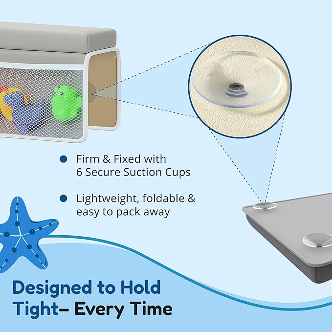 Vault & Co Bath Kneeler and Elbow Rest Pad Set – Extra Thick 1.5” Cushioned Baby Bath Kneeling Pad, Non-Slip Mat with Quick Dry Cover Storage Pockets, Waterproof Support & 5 Fun Bath Toys