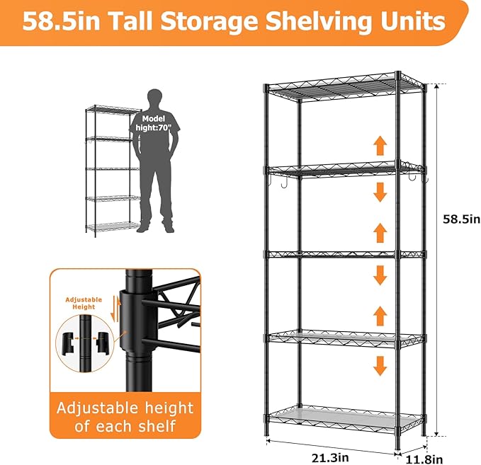 Storage Shelves,21.3" W x 11.8" D x 58.5" H Wire Shelving Unit Loads 550LBS,5-tier Adjustable Metal Utility Shelf,Garage Shelves with Liner and Hooks,Home Storage Rack for Kitchen,Laundry,Pantry