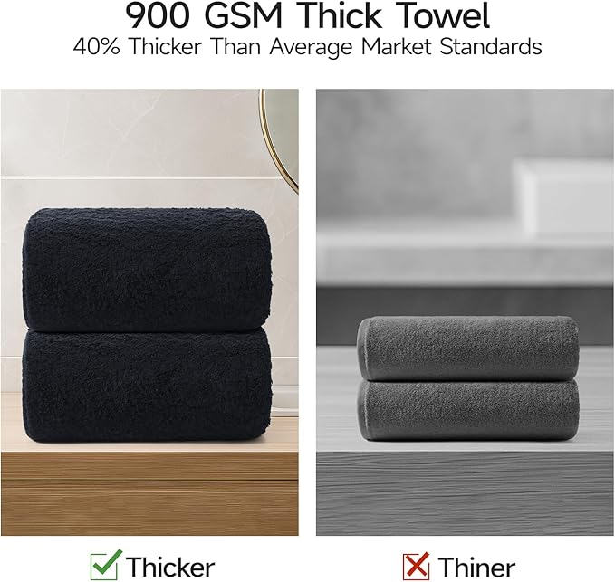 REDKISS 2 Piece Luxury Bath Towel Set - 31x62 inch Oversized Thick Bath Sheet, 100% Cotton, 900 GSM, Super Soft, Highly Absorbent, Quick Dry Large Black Bath Towels, Ideal for Bathroom, Pool, Gym, Spa
