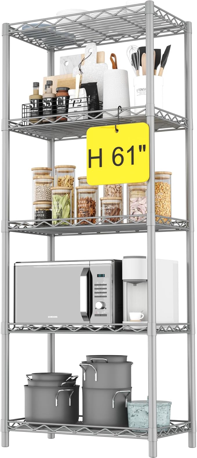 HOMEFORT 5-Tier Wire Shelving 5 Shelves Unit Metal Storage Rack Durable Organizer Perfect for Pantry Closet Kitchen Laundry Organization in Grey,21”Wx14”Dx61”H