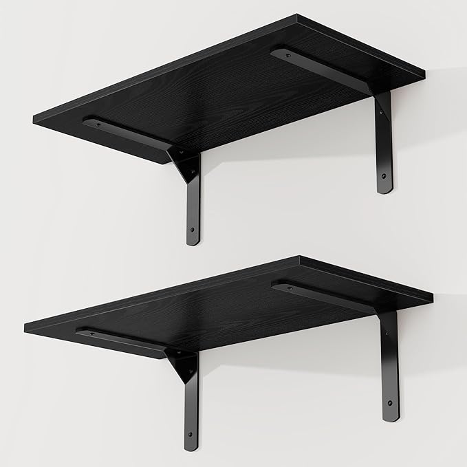 Fun Memories Deep Floating Shelves for Wall, 12 Inch Deep Black Wall Shelf, 24 Inch Long Floating Shelves with Bracket Set of 2, Rustic Deep Storage Shelf for Bedroom, Living Room, Kitchen
