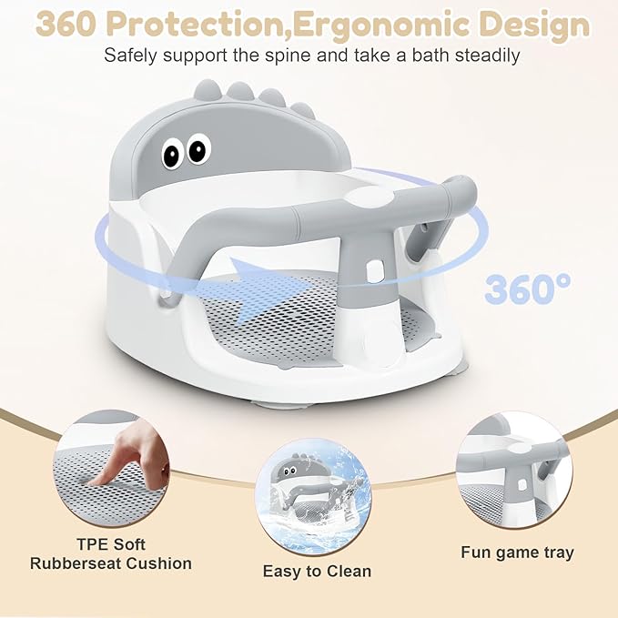 Baby Bath Seat for Babies 6 Months & Up Sitting Up, Non-Slip Baby Bath Chair with Suction Cup, Safe and Comfortable Portable Infant Bath Seat for Bathroom, Bathtub Tub, Easy to Clean (Grey)