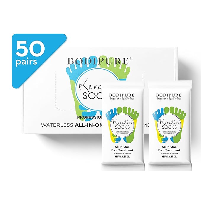 Bodipure All-In-1 Moisturizing Foot Mask | Keratin & Vitamin E Foot Mask for Dry Cracked Feet, Callus & Heel Softening | Easy-to-Use Pedicure Foot Repair | Chemical-free Feet Treatment | 50 Pairs