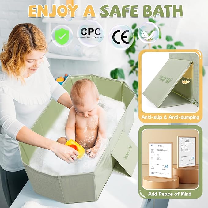 Orzbow Collapsible Baby Bathtub, Toddler Bathtub with Non-Slip Base, Portable Bath Tub for Kids Infant 12 Months+ Travel, Easy to Clean, Stable & Durable, Space-Saving, Green