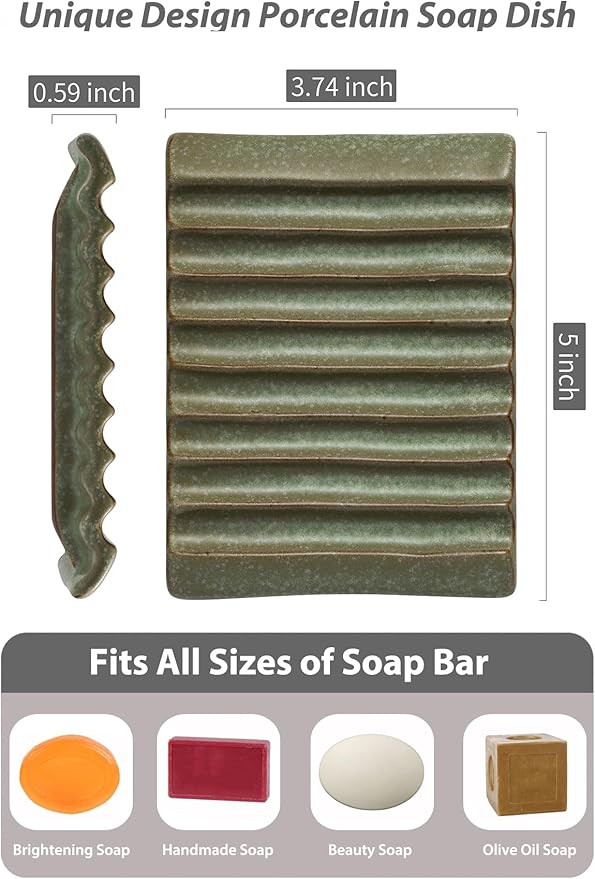 Soap Dish, Ceramic Soap Holder Bar Soap Saver Non-Slip Bathroom Accessories for Sponges, Scrubber, Razor, Green
