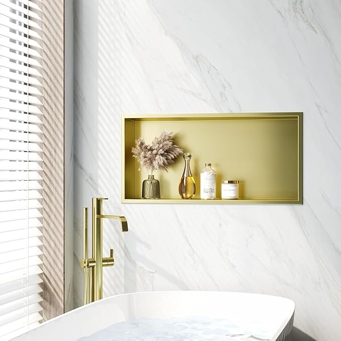Neodrain No Tile Shower Niche, Golden Stainless Steel Wall Niche 25.1"X13.1"(Inner Size 24"X12"), NO Tile Needed Recessed Cabinet for Bathroom Storage, Waterproof Cubby