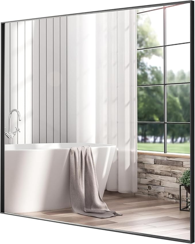 28x28 Inch Black Bathroom Mirror, Copper-Free Aluminum Alloy Frame Vanity Mirror, Rectangle Wall Mounted Modern Mirror for Bedroom/Living Room/Porch Horizontal or Vertical