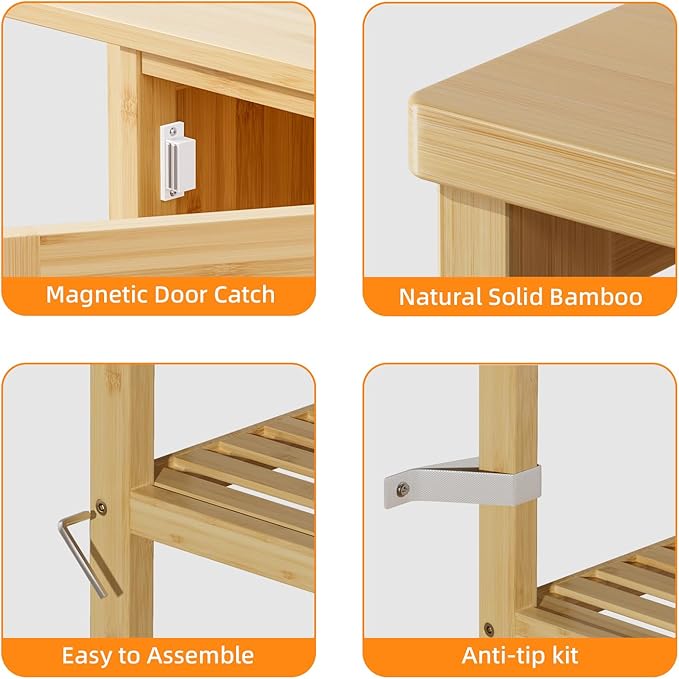HITNET Bathroom Floor Cabinet, Bamboo Storage Cabinet with Door and 3 Open Shelves, Freestanding Side Kitchen Cupboard Organizer, Natural